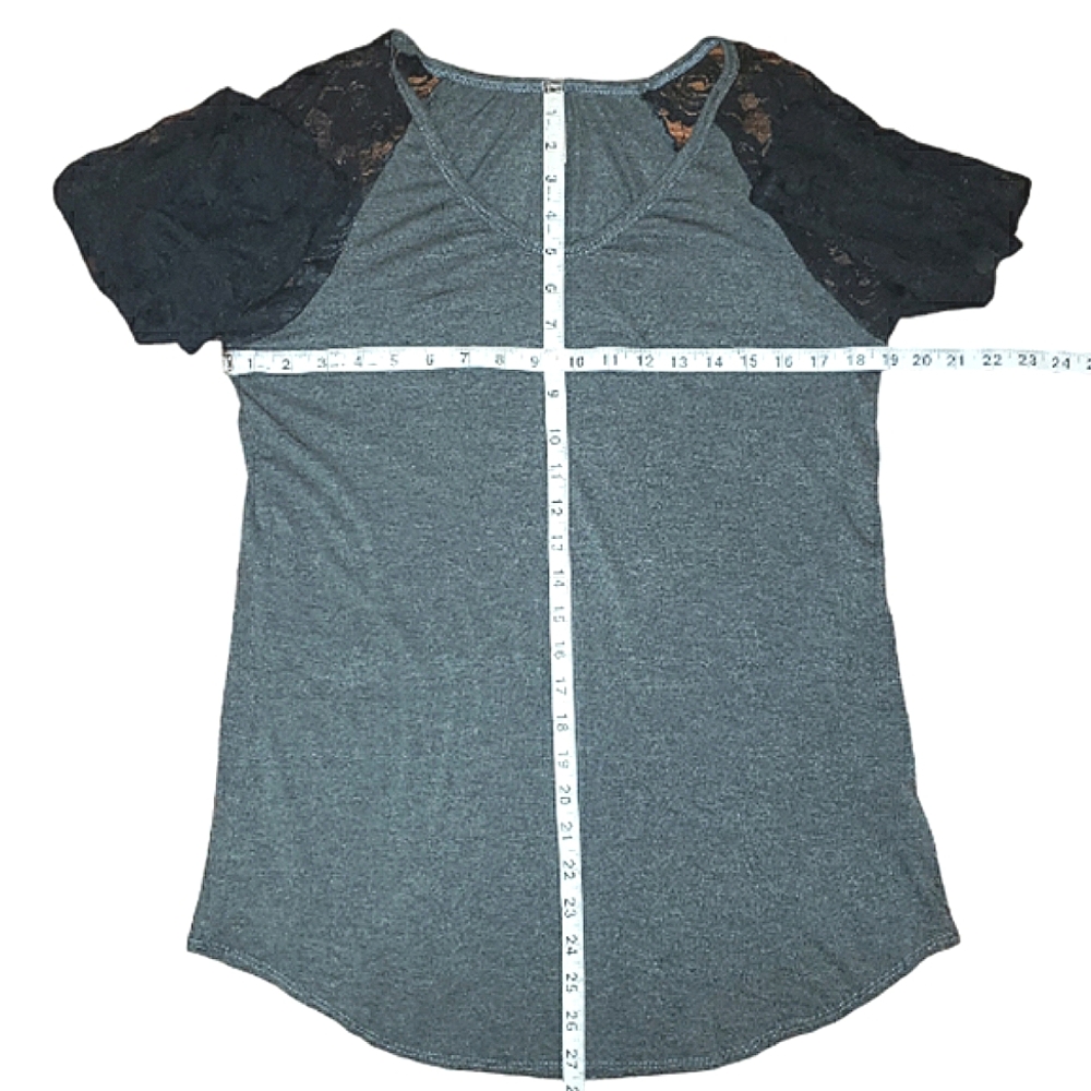 Goo Yoo Sheer Floral Black Lace Raglan Sleeves High Low Hem Gray Tunic Top M/L - Picture 13 of 16